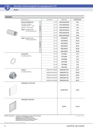 Technische Änderungen und Irrtümer vorbehalten.
6
Westaflex Verbrennungsluft-Versorgungssystem VVS
Zubehör
Bezeichnung Anschluss Artikel-Nr. EURO/Stück
WESTERCOMPACT®
Verrilltes, flexibles
Installationsrohr - rund.
Material: Aluminium
Länge: 1 m gestreckt
(0,25 m gestaucht)
1mgestreckt
DN 100 100COMPD0250 4,81
DN 125 125COMPD0250 6,37
DN 150 150COMPD0250 7,49
DN 160 160COMPD0250 7,81
DN 180 180COMPD0250 8,99
DN 200 200COMPD0250 9,89
Länge: 5 m gestreckt
(1,25 m gestaucht) 5mgestreckt
DN 100 100COMPD 22,60
DN 125 125COMPD 28,70
DN 150 150COMPD 34,55
DN 160 160COMPD 38,45
DN 180 180COMPD 40,46
DN 200 200COMPD 45,90
Bandschelle
für Ofenanschluss
DN 100 90110BS 2,13
DN 125 110130BS 2,13
DN 150 140160BS 2,91
DN 160 150170BS 3,92
DN 180 170190BS 3,92
DN 200 190210BS 3,92
Adapter
für Ofenanschluss
DN200 weit auf DN100 200ADMIX100 63,13
DN200 weit auf DN125 200ADMIX125 66,00
DN200 weit auf DN150 200ADMIX150 69,50
DN200 weit auf DN160 200ADMIX160 72,50
DN200 weit auf DN180 200ADMIX180 80,25
Außengitter Kunststoff
KUNSTT055 27,90
Außengitter Edelstahl
EG033 101,43
Preise
BAUSEITS erforderlich! Lochband zur Befestigung der Kanäle auf dem Fussboden
Putzgitter für LVK innerhalb der Wand
Befestigungsmaterial Schrauben und Dübel
Elektroleitung 2x2x0,6 mm² (Schalter bis Platine)
Elektroleerrohr PG16 (Schalter bis Platine)
Preisstand 1/2015
 