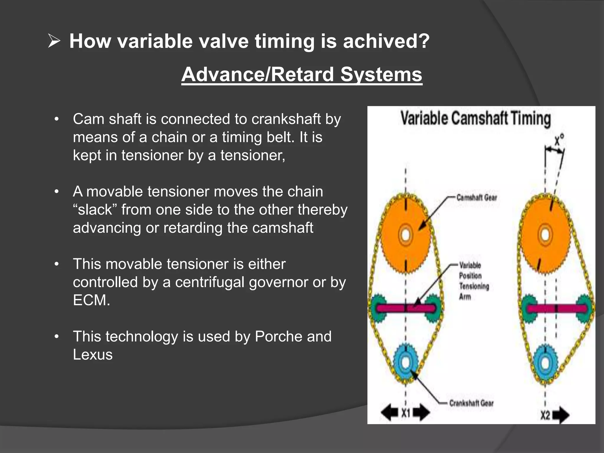  How variable valve timing is achived?
Advance/Retard Systems
• Cam shaft is connected to crankshaft by
means of a chain or a timing belt. It is
kept in tensioner by a tensioner,
• A movable tensioner moves the chain
“slack” from one side to the other thereby
advancing or retarding the camshaft
• This movable tensioner is either
controlled by a centrifugal governor or by
ECM.
• This technology is used by Porche and
Lexus
 