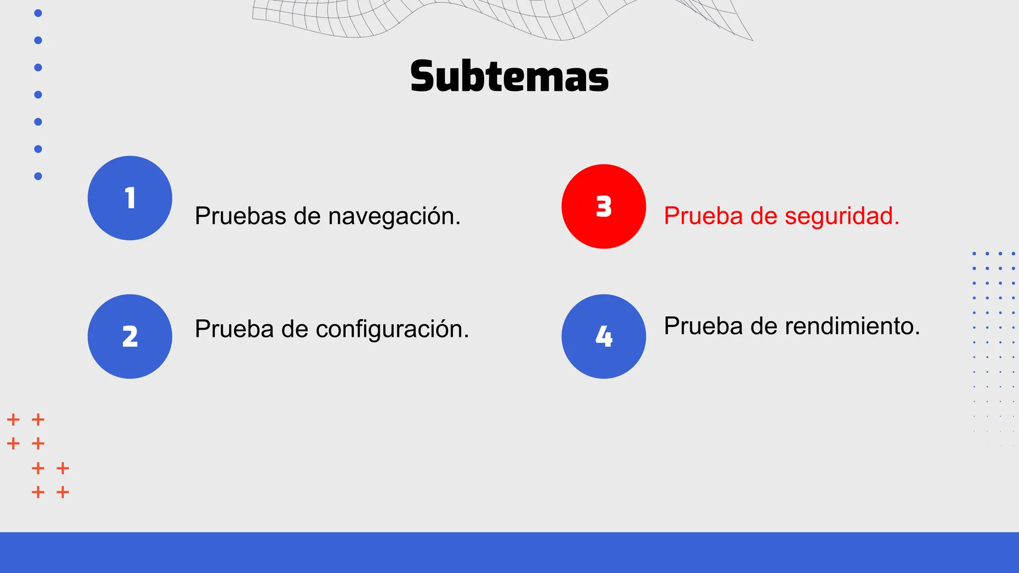 1
Subtemas
Pruebas de navegación. 3
4
Prueba de configuración.
Prueba de seguridad.
Prueba de rendimiento.
2
 