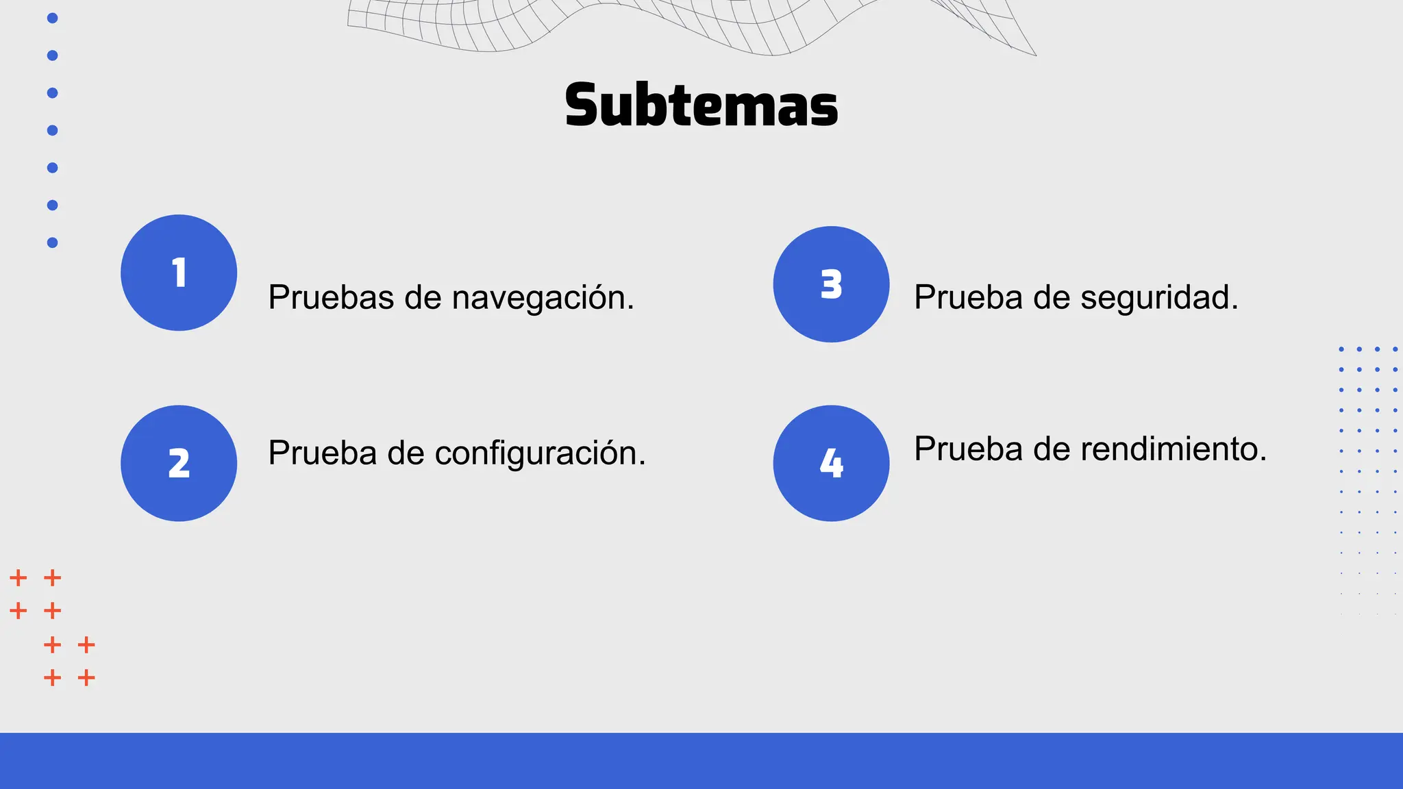 1
Subtemas
Pruebas de navegación. 3
4
Prueba de configuración.
Prueba de seguridad.
Prueba de rendimiento.
2
 