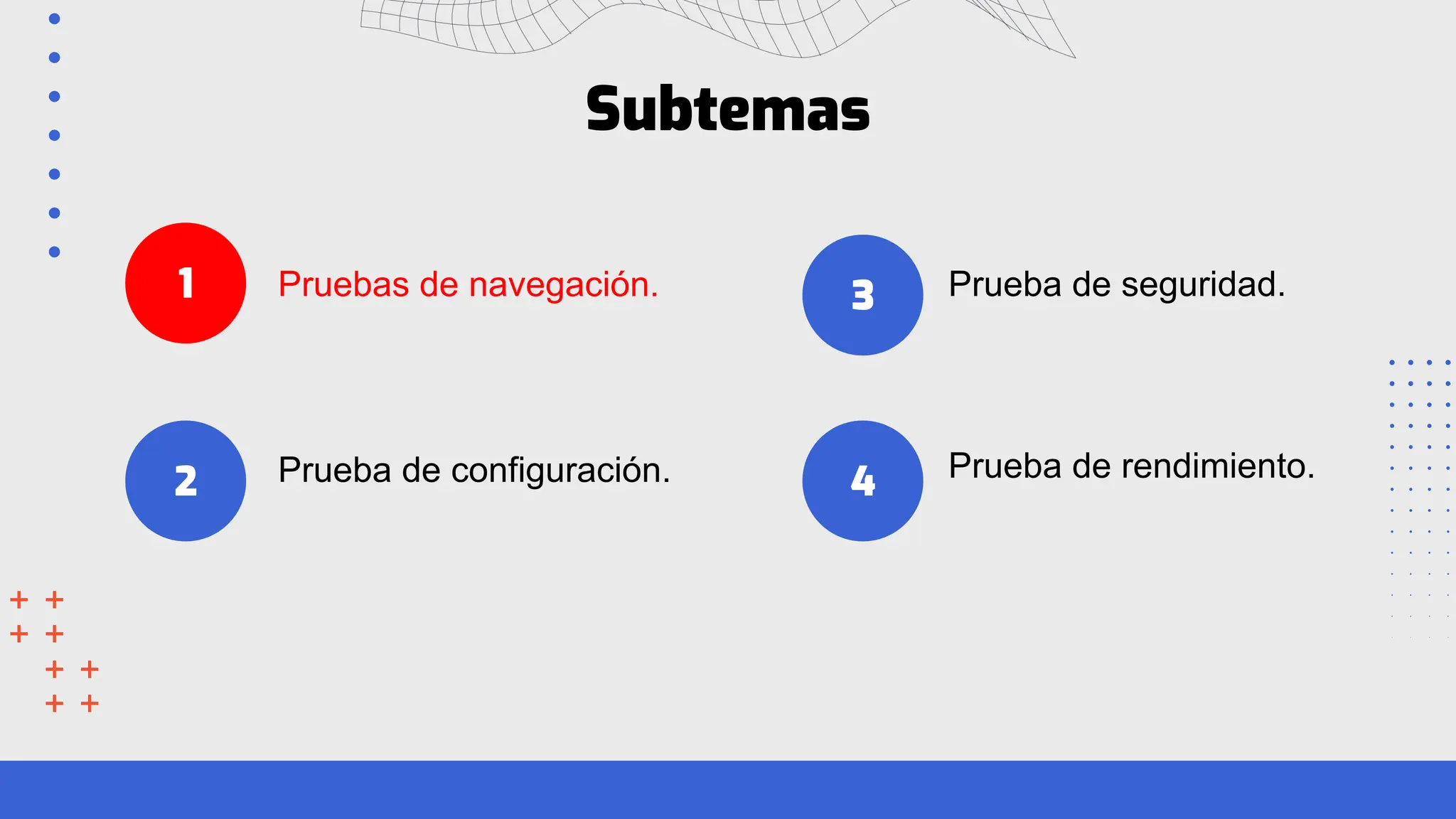 1
Subtemas
Pruebas de navegación. 3
4
Prueba de configuración.
Prueba de seguridad.
Prueba de rendimiento.
2
 