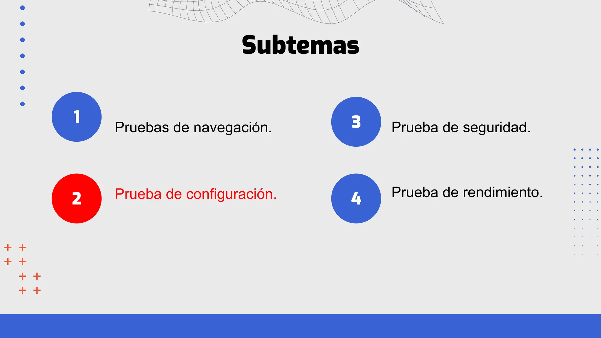 1
Subtemas
Pruebas de navegación. 3
4
Prueba de configuración.
Prueba de seguridad.
Prueba de rendimiento.
2
 