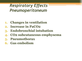 Respiratory Effects
Pneumoperitoneum
1. Changes in ventilation
2. Increase in PaCO2
3. Endobronchial intubation
4. CO2 subcutaneous emphysema
5. Pneumothorax
6. Gas embolism
 