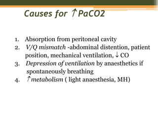 Causes for  PaCO2
1. Absorption from peritoneal cavity
2. V/Q mismatch -abdominal distention, patient
position, mechanical ventilation,  CO
3. Depression of ventilation by anaesthetics if
spontaneously breathing
4.  metabolism ( light anaesthesia, MH)
 