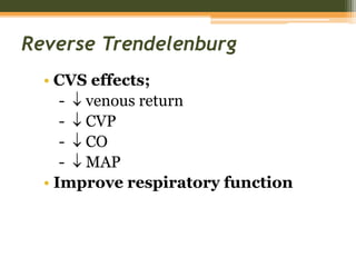 Reverse Trendelenburg
• CVS effects;
-  venous return
-  CVP
-  CO
-  MAP
• Improve respiratory function
 
