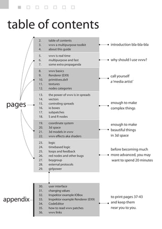 table of contents
           2.    table of contents
           3.    vvvv a multipurpose toolkit        introduction bla-bla-bla
           4.    about this guide

           5.    vvvv is real time
           6.    multipurpose and fast              why should I use vvvv?
           7.    some extra propaganda

           8.    vvvv basics
           9.    Renderer (EX9)                     call yourself
           10.   primitives.dx9
                                                    a ‘media artist’
           11.   textures
           12.   nodes categories

           13.   the power of vvvv is in spreads
           14.   vectors
pages      15.
           16.
                 controling spreads
                 io boxes
                                                    enough to make
                                                    complex things
           17.   subpatches
           18.   S and R nodes

           19.   coordinate system                  enough to make
           20.   3d space
           21.   3d models in vvvv
                                                    beautiful things
           22.   vvvv effects aka shaders           in 3d space
           23.   logic
           24.   timebased logic
           25.   loops and feedback
                                                    before becoming much
           26.   red nodes and other bugs           more advanced, you may
           27.   boygroup                           want to spend 20 minutes
           28.   external protocols
           29.   girlpower




           30.   user interface
           31.   changing values
           32.   Inspektor example IOBox
                                                    to print pages 37-43
appendix   33.
           34.
                 Inspektor example Renderer (EX9)
                 CodeEditor                         and keep them
           35.   how to read vvvv patches           near you to you.
           36.   vvvv links
 