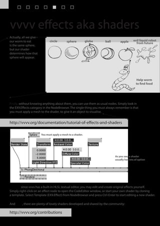 vvvv effects aka shaders
Actually, all we give
our worm to eat               circle        sphere           globe     ball        apple      evil liquid robot
                                                                                                from future
is the same sphere,
but our shader
determines how that
sphere will appear.




                                                                                                 Help worm
                                                                                                 to find food



Shaders are nothing but good news.
Firstly, without knowing anything about them, you can use them as usual nodes. Simply look in
the EX9.Effects category in the NodeBrowser. The single thing you must always remember is that
you must apply a mesh to the shader, to give it an object to visualise.


http://vvvv.org/documentation/tutorial-of-effects-and-shaders

                        You must apply a mesh to a shader.




                                                                               As you see, a shader
                                                                               usually has lots of option




Second, since vvvv has a built-in HLSL textual editor, you may edit and create original effects yourself.
Simply right-click on an effect node to open the CodeEditor window, or start your own shader by cloning
a template. Select Template (EX9.Effect) from NodeBrowser and press Ctrl-Enter to start editing a new shader.

And third, there are plenty of lovely shaders developed and shared by the community:

http://vvvv.org/contributions
 