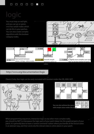 logic
You must stop on red light,
and you can go on green.
vvvv has switch nodes which
can do this in your patches.
You can also create complex
algorithms with the boolean
category nodes.




            Hard switch between                   Smooth morph                     A slightly more complex case: type
            values, strings, colors,nodes         between values or                ‘box’ to see box insteed of teapot
                                                  colors




http://vvvv.org/documentation/logic

Classic if, else, then logic can be easly recreated with boolean nodes like OR, AND, NOT.




                                                              You can also achieve the same results
                                                              with simple value nodes like Equal




When programming sequences, interaction logic or any other more complex tasks,
you should try NOT to interweave the logic parts of your patch deep into the graphical parts of your
patch. It is generally best to have a 'central command' station where you handle all the locical states
in an abstract way, and then send only the relevant data to other places in your patch.
 