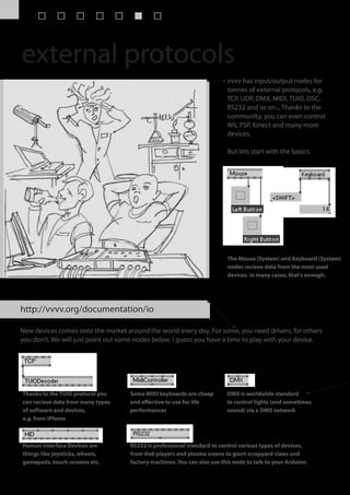 external protocols
                                                                         vvvv has input/output nodes for
                                                                         tonnes of external protocols, e.g.
                                                                         TCP, UDP, DMX, MIDI, TUIO, OSC,
                                                                         RS232 and so on... Thanks to the
                                                                         community, you can even control
                                                                         Wii, PSP, Kinect and many more
                                                                         devices.

                                                                         But lets start with the basics:




                                                                         The Mouse (System) and Keyboard (System)
                                                                         nodes recieve data from the most used
                                                                         devices. In many cases, that's enough.




http://vvvv.org/documentation/io

New devices comes onto the market around the world every day. For some, you need drivers, for others
you don’t. We will just point out some nodes below. I guess you have a time to play with your device.




Thanks to the TUIO protocol you     Some MIDI keyboards are cheap        DMX is worldwide standard
can recieve data from many types    and effective to use for life        to control lights (and sometimes
of software and devices,            performances                         sound) via a DMX network
e.g. from iPhone



Human Interface Devices are         RS232 is professional standard to control various types of devices,
things like joysticks, wheels,      from dvd-players and plasma sreens to giant scrapyard claws and
gamepads, touch-screens etc.        factory machines. You can also use this node to talk to your Arduino.
 