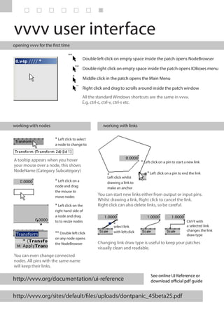 vvvv user interface
opening vvvv for the first time

                                **
                                             Double left click on empty space inside the patch opens NodeBrowser
                                         ** Double right click on empty space inside the patch opens IOBoxes menu

                                     *       Middle click in the patch opens the Main Menu
                                         ~
                                             Right click and drag to scrolls around inside the patch window
                                             All the standard Windows shortcuts are the same in vvvv.
                                             E.g. ctrl-c, ctrl-v, ctrl-s etc.




working with nodes                                     working with links

                       * Left click to select
                       a node to change to



A tooltip appears when you hover                                                * Left click on a pin to start a new link
your mouse over a node, this shows
NodeName (Category Subcategory)
                                                          *                         * Left click on a pin to end the link
                                                          Left click whilst
                       * Left click on a                  drawing a link to
                       node and drag                      make an anchor
                       the mouse to
                       move nodes
                                                     You can start new links either from output or input pins.
                                                     Whilst drawing a link, Right click to cancel the link.
                       * Left click on the           Right click can also delete links, so be careful.
                       right hand side of
                       a node and drag
                       to to resize nodes                                                                       Ctrl-Y with
                                                              *                                                 a selected link
                                                              select link
                                                              with left click                                   changes the link
                       ** Double left click                                                                     draw type
                       on any node opens
                       the NodeBrowser               Changing link draw type is useful to keep your patches
                                                     visually clean and readable.
You can even change connected
nodes. All pins with the same name
will keep their links.

                                                                                      See online UI Reference or
http://vvvv.org/documentation/ui-reference                                            download official pdf guide


http://vvvv.org/sites/default/files/uploads/dontpanic_45beta25.pdf
 