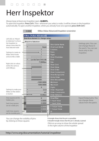 Herr Inspektor
Always keep at least one Inspektor open. ALWAYS.
To open the Inspektor. Press Ctrl-i. Then whenever you select a node, it will be shown in the Inspektor
automatically. To open another Inspektor, whilst you already have one opened, press Shift-Ctrl-i

                                        IOBox (Value Advanced) Inspektor screenshot


Left click on "Attach
to Selection", to force
the Inspektor to                                                                                Settings pins. You can
always show data for                                                                            not change these in
that selected node                                                                              the patch. You can see
                                                                                                these only in the
Settings to create an                                                                           Inspektor.
IOBox which looks
and acts like a table



Right click on values
works the same as
with IOBoxes




Settings to make your
IOBox act like sliders
or button

Grey squares are for                                                                            Input/Output pins. You
hidden pins                                                                                     can change these
Dark Grey squares                                                                               values from the patch.
are for visible pins


Light Grey squares
are for invisible pins


You can change the visibility of pins              A triangle shows that the pin is spreadble
by clicking on these squares                       A double triangle shows that the pin is already a spread
                                                   Click on an array to show the whole spread
                                                   in the right column of the Inspektor


http://vvvv.org/documentation/tutorial-inspektor
 