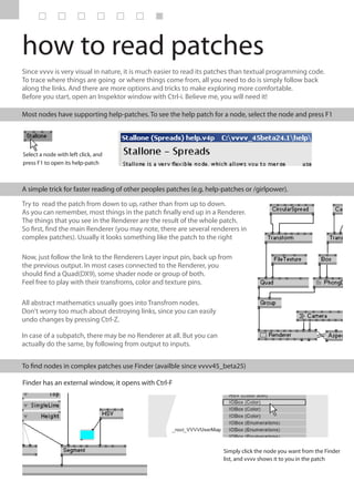 how to read patches
Since vvvv is very visual in nature, it is much easier to read its patches than textual programming code.
To trace where things are going or where things come from, all you need to do is simply follow back
along the links. And there are more options and tricks to make exploring more comfortable.
Before you start, open an Inspektor window with Ctrl-i. Believe me, you will need it!

Most nodes have supporting help-patches. To see the help patch for a node, select the node and press F1




Select a node with left click, and
press F1 to open its help-patch



A simple trick for faster reading of other peoples patches (e.g. help-patches or /girlpower).

Try to read the patch from down to up, rather than from up to down.
As you can remember, most things in the patch finally end up in a Renderer.
The things that you see in the Renderer are the result of the whole patch.
So first, find the main Renderer (you may note, there are several renderers in
complex patches). Usually it looks something like the patch to the right

Now, just follow the link to the Renderers Layer input pin, back up from
the previous output. In most cases connected to the Renderer, you
should find a Quad(DX9), some shader node or group of both.
Feel free to play with their transfroms, color and texture pins.

All abstract mathematics usually goes into Transfrom nodes.
Don't worry too much about destroying links, since you can easily
undo changes by pressing Ctrl-Z.

In case of a subpatch, there may be no Renderer at all. But you can
actually do the same, by following from output to inputs.


To find nodes in complex patches use Finder (availble since vvvv45_beta25)

Finder has an external window, it opens with Ctrl-F




                                                                      Simply click the node you want from the Finder
                                                                      list, and vvvv shows it to you in the patch
 