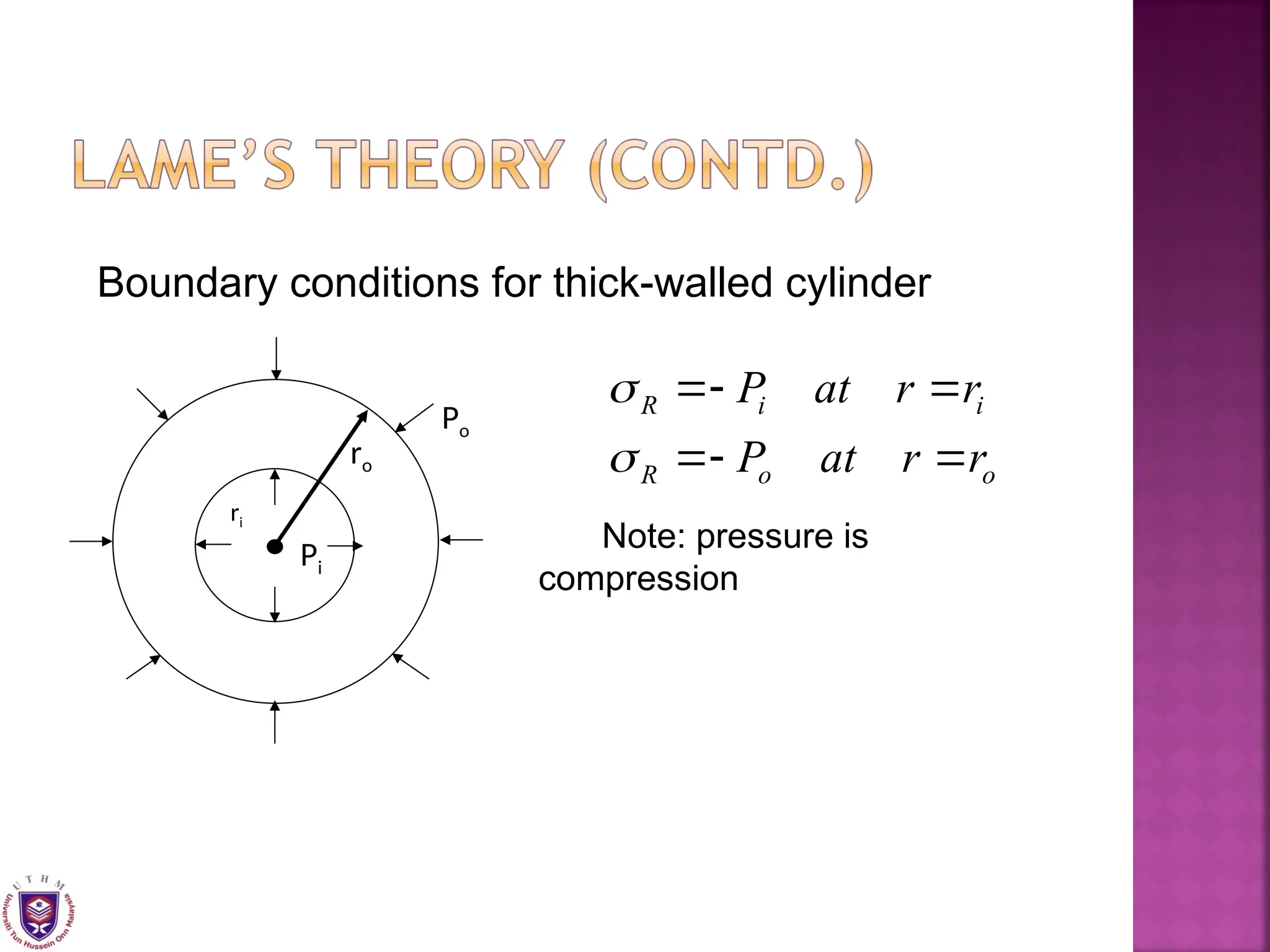 Boundary conditions for thick-walled cylinder
ri
ro
Po
Pi
o
o
R
i
i
R
r
r
at
P
r
r
at
P








Note: pressure is
compression
 