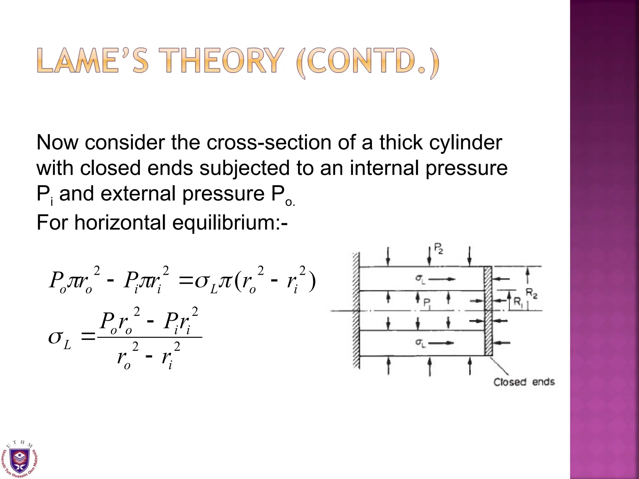 Now consider the cross-section of a thick cylinder
with closed ends subjected to an internal pressure
Pi and external pressure Po.
For horizontal equilibrium:-
2
2
2
2
2
2
2
2
)
(
i
o
i
i
o
o
L
i
o
L
i
i
o
o
r
r
r
P
r
P
r
r
r
P
r
P











 