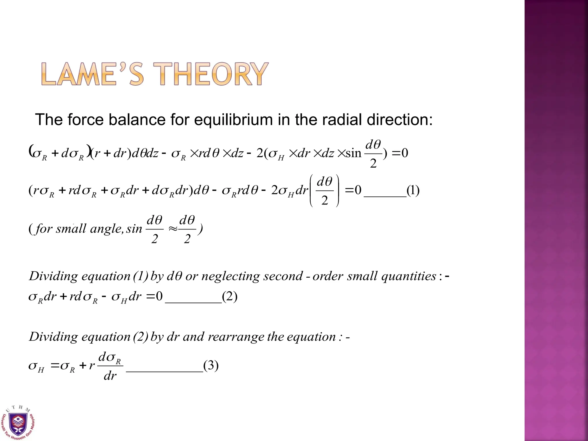  
)
3
_(
__________
)
2
________(
0
:
(
)
1
______(
0
2
2
)
(
0
)
2
sin
(
2
)
(
dr
d
r
-
:
equation
the
rearrange
and
dr
by
(2)
equation
Dividing
dr
rd
dr
quantities
small
order
-
second
neglecting
or
d
by
(1)
equation
Dividing
)
2
d
2
d
sin
angle,
small
for
d
dr
rd
d
dr
d
dr
rd
r
d
dz
dr
dz
rd
dz
d
dr
r
d
R
R
H
H
R
R
H
R
R
R
R
R
H
R
R
R






















































The force balance for equilibrium in the radial direction:
 