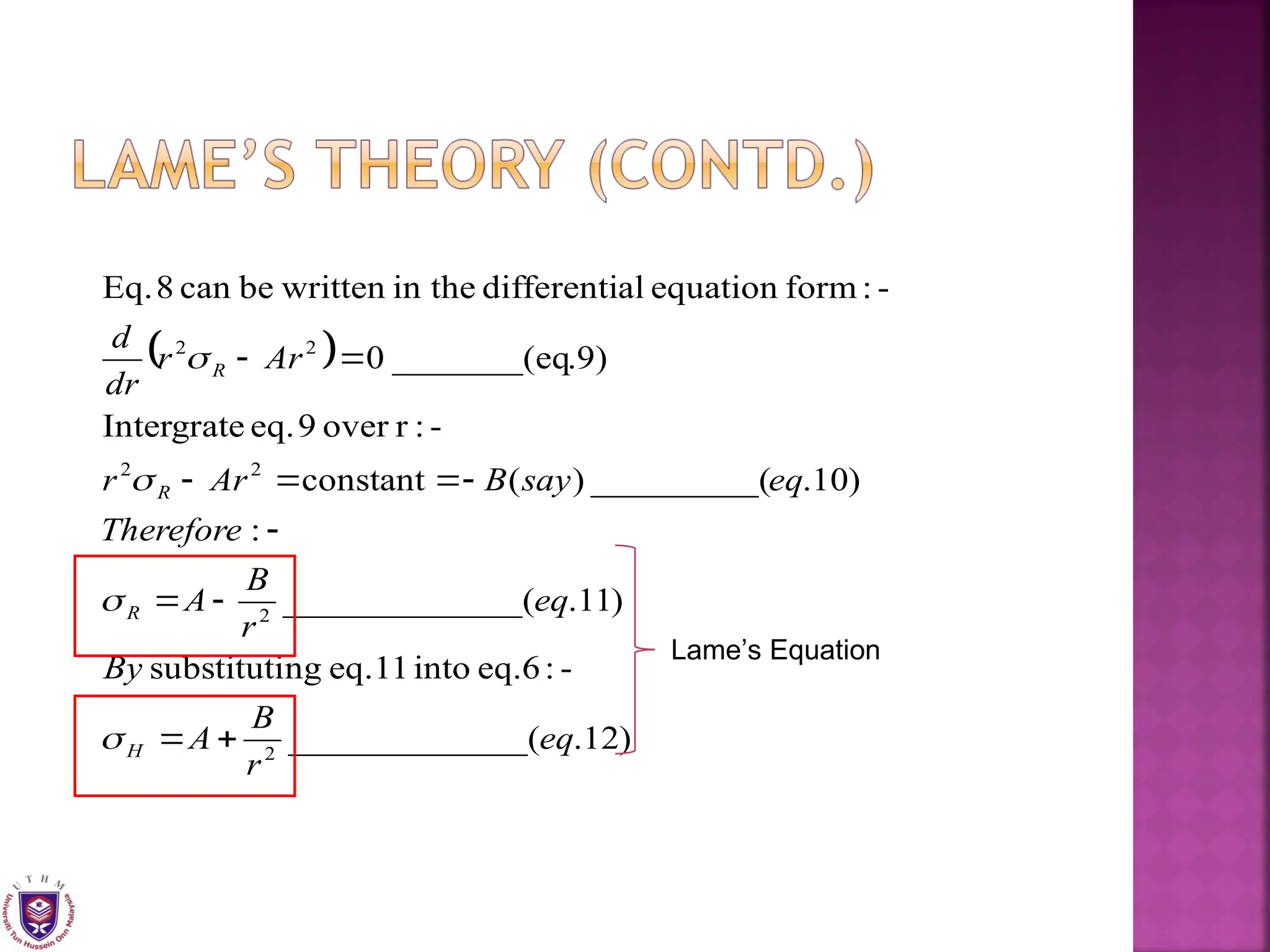  
)
12
.
___(
__________
-
:
eq.6
into
11
eq.
ng
substituti
)
11
.
___(
__________
:
)
10
.
_________(
)
(
constant
-
:
r
over
9
eq.
Intergrate
.9)
_______(eq
0
-
:
form
equation
al
differenti
in the
written
be
can
8
Eq.
2
2
2
2
2
2
eq
r
B
A
By
eq
r
B
A
Therefore
eq
say
B
Ar
r
Ar
r
dr
d
H
R
R
R















Lame’s Equation
 
