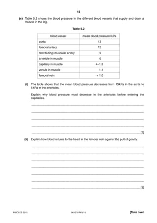 15
0610/31/M/J/15© UCLES 2015 [Turn over
(c) Table 5.2 shows the blood pressure in the different blood vessels that supply and drain a
muscle in the leg.
Table 5.2
blood vessel mean blood pressure/kPa
aorta 13
femoral artery 12
distributing/muscular artery 9
arteriole in muscle 6
capillary in muscle 4–1.3
venule in muscle 1.1
femoral vein < 1.0
(i) The table shows that the mean blood pressure decreases from 13kPa in the aorta to
6kPa in the arterioles.
Explain why blood pressure must decrease in the arterioles before entering the
capillaries.
...........................................................................................................................................
...........................................................................................................................................
...........................................................................................................................................
...........................................................................................................................................
.......................................................................................................................................[2]
(ii) Explain how blood returns to the heart in the femoral vein against the pull of gravity.
...........................................................................................................................................
...........................................................................................................................................
...........................................................................................................................................
...........................................................................................................................................
...........................................................................................................................................
...........................................................................................................................................
.......................................................................................................................................[3]
 
