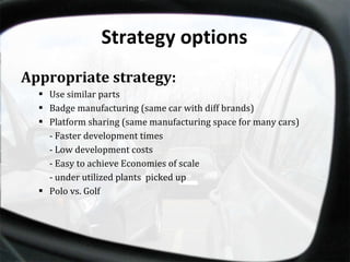 Strategy options Appropriate strategy: Use similar parts Badge manufacturing (same car with diff brands) Platform sharing (same manufacturing space for many cars) - Faster development times - Low development costs  - Easy to achieve Economies of scale - under utilized plants  picked up Polo vs. Golf 
