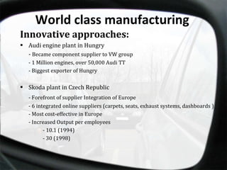 World class manufacturing Innovative approaches: Audi engine plant in Hungry -  Became component supplier to VW group - 1 Million engines, over 50,000 Audi TT - Biggest exporter of Hungry Skoda plant in Czech Republic - Forefront of supplier Integration of Europe - 6 integrated online suppliers (carpets, seats, exhaust systems, dashboards ) - Most cost-effective in Europe - Increased Output per employees - 10.1 (1994) - 30 (1998) 