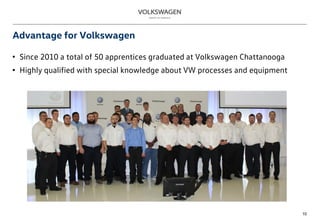 Advantage for Volkswagen
• Since 2010 a total of 50 apprentices graduated at Volkswagen Chattanooga
• Highly qualified with special knowledge about VW processes and equipment
10
 