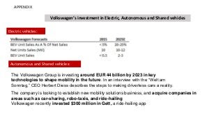 APPENDIX
Volkswagen’s investment in Electric, Autonomous and Shared vehicles
Electric vehicles:
Autonomous and Shared vehicles:
The Volkswagen Group is investing around EUR 44 billion by 2023 in key
technologies to shape mobility in the future. In an interview with the “Welt am
Sonntag,” CEO Herbert Diess describes the steps to making driverless cars a reality.
The company is looking to establish new mobility solutions business, and acquire companies in
areas such as car-sharing, robo-taxis, and ride-hailing
Volkswagen recently invested $300 million in Gett, a ride-hailing app
 