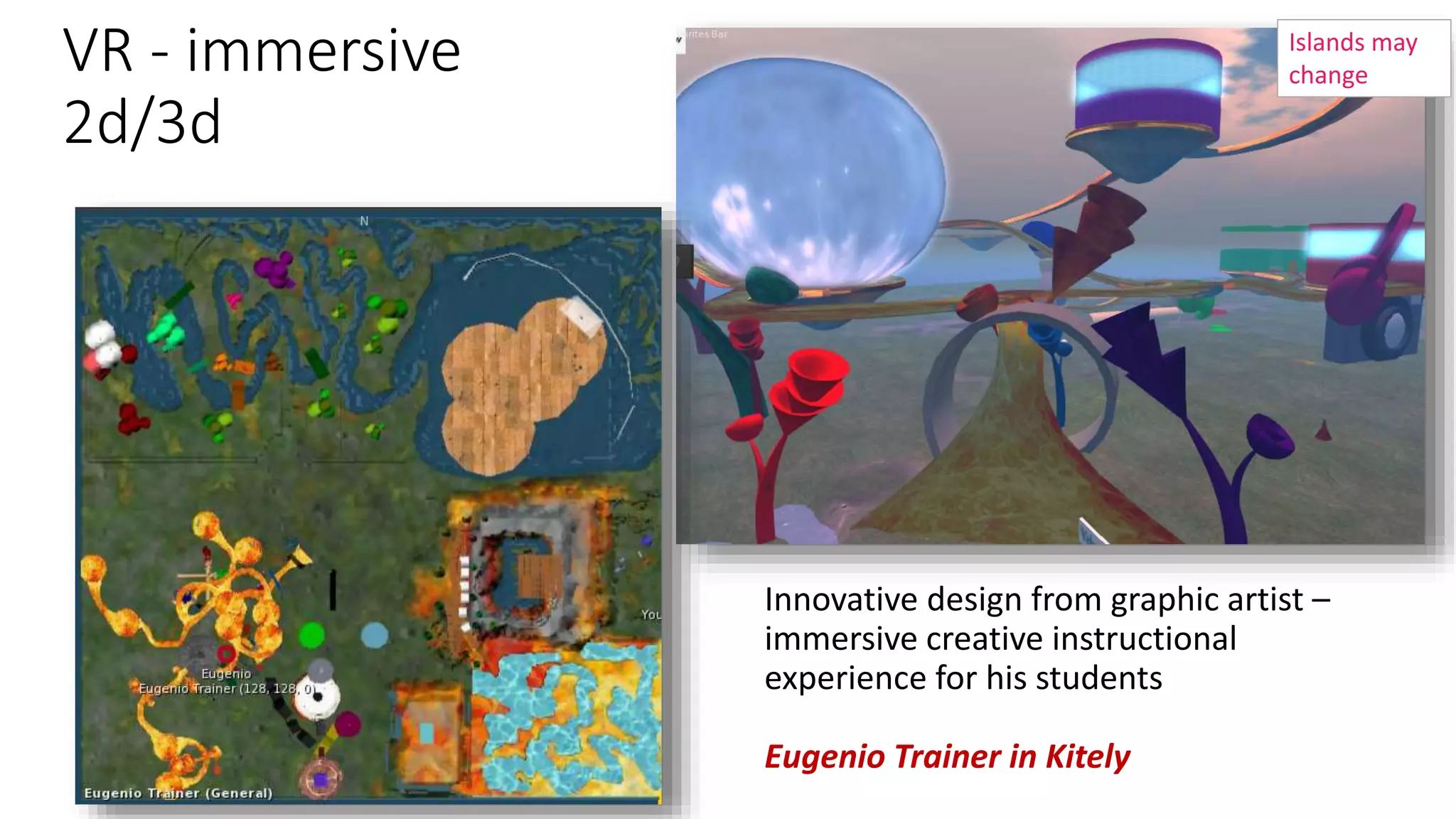 VR - immersive
2d/3d
Innovative design from graphic artist –
immersive creative instructional
experience for his students
Eugenio Trainer in Kitely
Islands may
change
 