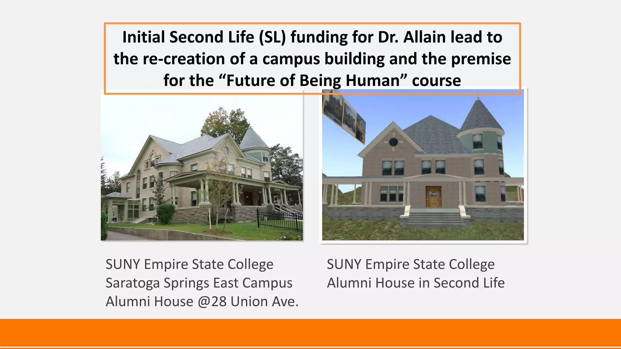 SUNY Empire State College
Saratoga Springs East Campus
Alumni House @28 Union Ave.
SUNY Empire State College
Alumni House in Second Life
Initial Second Life (SL) funding for Dr. Allain lead to
the re-creation of a campus building and the premise
for the “Future of Being Human” course
 
