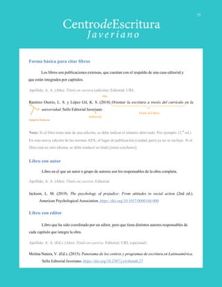 Apellido, A. A. (Año). Título en cursiva (edición). Editorial. URL
Ramírez Osorio, L. S. y López Gil, K. S. (2018) Orientar la escritura a través del currículo en la
universidad. Sello Editorial Javeriano.
Sangría francesa
Nota: Si el libro tiene más de una edición, se debe indicar el número abreviado. Por ejemplo: (2.ª ed.)
En esta nueva edición de las normas APA, el lugar de publicación (ciudad, país) ya no se incluye. Si el
libro está en otro idioma, se debe traducir su título [entre corchetes].
Libro con autor
Libro en el que un autor o grupo de autores son los responsables de la obra completa.
Apellido, A. A. (Año). Título en cursiva. Editorial.
Jackson, L. M. (2019). The psychology of prejudice: From attitudes to social action (2nd ed.).
American Psychological Association. https://doi.org/10.1037/0000168-000
Libro con editor
Libro que ha sido coordinado por un editor, pero que tiene distintos autores responsables de
cada capítulo que integra la obra.
Apellido, A. A. (Ed.). (Año). Título en cursiva. Editorial. URL (opcional)
Molina Natera, V. (Ed.). (2015). Panorama de los centros y programas de escritura en Latinoamérica.
Sello Editorial Javeriano. https://doi.org/10.2307/j.ctvt6rnd6.27
Forma básica para citar libros
Año
Editorial
Título del libro
Los libros son publicaciones extensas, que cuentan con el respaldo de una casa editorial y
que están integrados por capítulos.
25
 