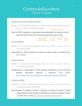 Apellido, A. A., Apellido, B. B. y Apellido, C. C. (Fecha). Título del artículo. Nombre de la revista
en cursiva, volumen en cursiva(número), pp-pp.
.
Forma básica de los artículos científicos
Apellido, A. A. (Fecha). Título del artículo. Nombre de la revista en cursiva, volumen en
cursiva(número), pp-pp.
Gallego-Montes, G. (2020). Prostitución en contextos de conflicto armado en Colombia. Revista
CS, 31, 413-437.
Artículo impreso
Apellido, A. A. (Fecha). Título del artículo. Nombre de la revista en cursiva, volumen en
cursiva(número), pp-pp. URL
Caicedo-Tamayo, A. y Rojas-Ospina, T. (2014). Creencias, conocimientos y uso de las TIC de los
profesores universitarios. Educación y Educadores, 17(3), 517-533.
https://educacionyeducadores.unisabana.edu.co/index.php/eye/article/view/4333/3810
Artículo en línea
Apellido, A. A. (Fecha). Título del artículo. Nombre de la revista en cursiva, volumen en
cursiva(número), pp-pp. Enlace del DOI.
Hoyos-Hernández, P., Sanabria, J., Orcasita, L., Valenzuela, A., González, M. y Osorio, T. (2019).
Representaciones sociales asociadas al VIH/Sida en universitarios colombianos. Saúde e
Sociedade, 28(2), 227-238. https://doi.org/10.1590/s0104-12902019180586
Artículo con DOI
Castro, B. (2016). Construcción y transformación de masculinidades de los corteros de caña de
azúcar del Valle del Cauca. Revista Colombiana de Sociología, 39(1), 79-102.
NúmeroVolumen
en cursiva
Rango de
páginas
Año
Nombre de la
revista en cursiva
Nombre del artículo
28
 