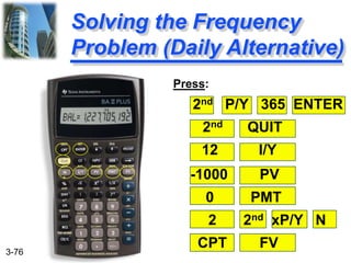 3-76
Solving the Frequency
Problem (Daily Alternative)
Press:
2nd P/Y 365 ENTER
2nd QUIT
12 I/Y
-1000 PV
0 PMT
2 2nd xP/Y N
CPT FV
 