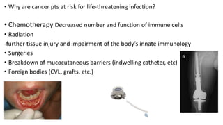 • Why are cancer pts at risk for life-threatening infection?
• Chemotherapy Decreased number and function of immune cells
• Radiation
-further tissue injury and impairment of the body’s innate immunology
• Surgeries
• Breakdown of mucocutaneous barriers (indwelling catheter, etc)
• Foreign bodies (CVL, grafts, etc.)
 