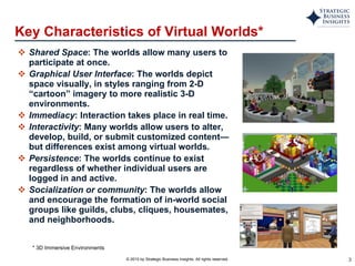 Key Characteristics of Virtual Worlds* Shared Space : The worlds allow many users to participate at once. Graphical User Interface : The worlds depict space visually, in styles ranging from 2-D “cartoon” imagery to more realistic 3-D environments. Immediacy : Interaction takes place in real time. Interactivity : Many worlds allow users to alter, develop, build, or submit customized content—but differences exist among virtual worlds. Persistence : The worlds continue to exist regardless of whether individual users are logged in and active. Socialization or community : The worlds allow and encourage the formation of in-world social groups like guilds, clubs, cliques, housemates, and neighborhoods. * 3D Immersive Environments 