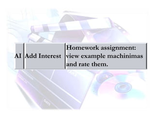 AI Add Interest
Homework assignment:
view example machinimas
and rate them.
 
