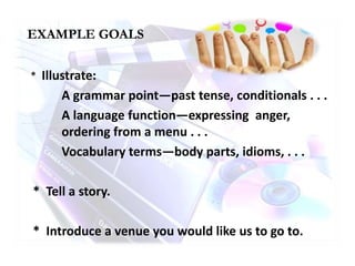 * Illustrate:
A grammar point—past tense, conditionals . . .
A language function—expressing anger,
ordering from a menu . . .
Vocabulary terms—body parts, idioms, . . .
* Tell a story.
* Introduce a venue you would like us to go to.
EXAMPLE GOALS
 