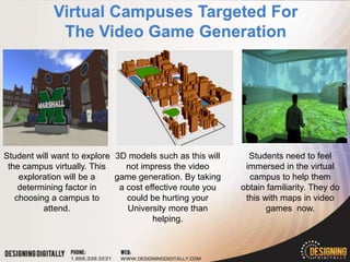 Student will want to explore 3D models such as this will     Students need to feel
 the campus virtually. This     not impress the video       immersed in the virtual
    exploration will be a    game generation. By taking      campus to help them
    determining factor in     a cost effective route you   obtain familiarity. They do
   choosing a campus to         could be hurting your       this with maps in video
          attend.               University more than              games now.
                                       helping.
 