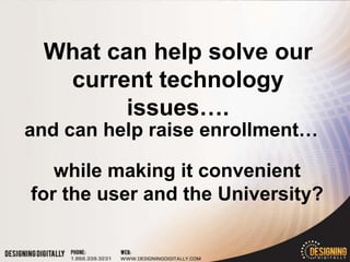 What can help solve our
  current technology
        issues….
and can help raise enrollment…

   while making it convenient
for the user and the University?
 