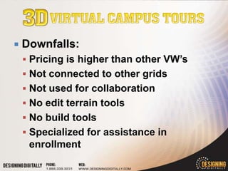    Downfalls:
     Pricing is higher than other VW’s
     Not connected to other grids
     Not used for collaboration
     No edit terrain tools
     No build tools
     Specialized for assistance in
     enrollment
 