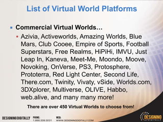    Commercial Virtual Worlds…
     Azivia, Activeworlds, Amazing Worlds, Blue
      Mars, Club Cooee, Empire of Sports, Football
      Superstars, Free Realms, HiPiHi, IMVU, Just
      Leap In, Kaneva, Meet-Me, Moondo, Moove,
      Novoking, OnVerse, PS3, Protosphere,
      Prototerra, Red Light Center, Second Life,
      There.com, Twinity, Vivaty, vSide, Worlds.com,
      3DXplorer, Multiverse, OLIVE, Habbo,
      web.alive, and many many more!
        There are over 450 Virtual Worlds to choose from!
 