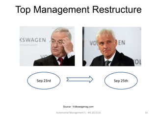 Automotive Management 1 - WS 2015/16 16
Top Management Restructure
Sep 23rd Sep 25th
Source : Volkswagenag.com
 