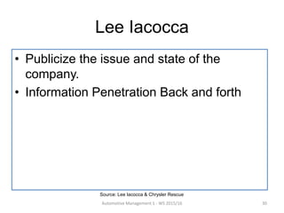 Lee Iacocca
• Publicize the issue and state of the
company.
• Information Penetration Back and forth
Automotive Management 1 - WS 2015/16 30
Source: Lee Iacocca & Chrysler Rescue
 