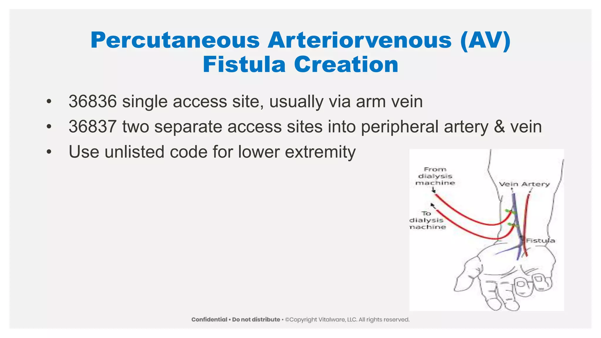 Percutaneous Arteriorvenous (AV)
Fistula Creation
• 36836 single access site, usually via arm vein
• 36837 two separate access sites into peripheral artery & vein
• Use unlisted code for lower extremity
 