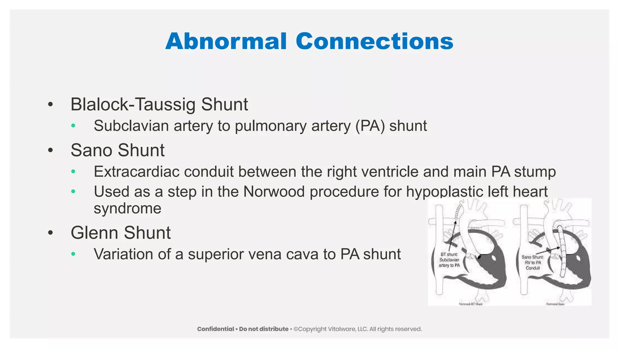 Abnormal Connections
• Blalock-Taussig Shunt
• Subclavian artery to pulmonary artery (PA) shunt
• Sano Shunt
• Extracardiac conduit between the right ventricle and main PA stump
• Used as a step in the Norwood procedure for hypoplastic left heart
syndrome
• Glenn Shunt
• Variation of a superior vena cava to PA shunt
 