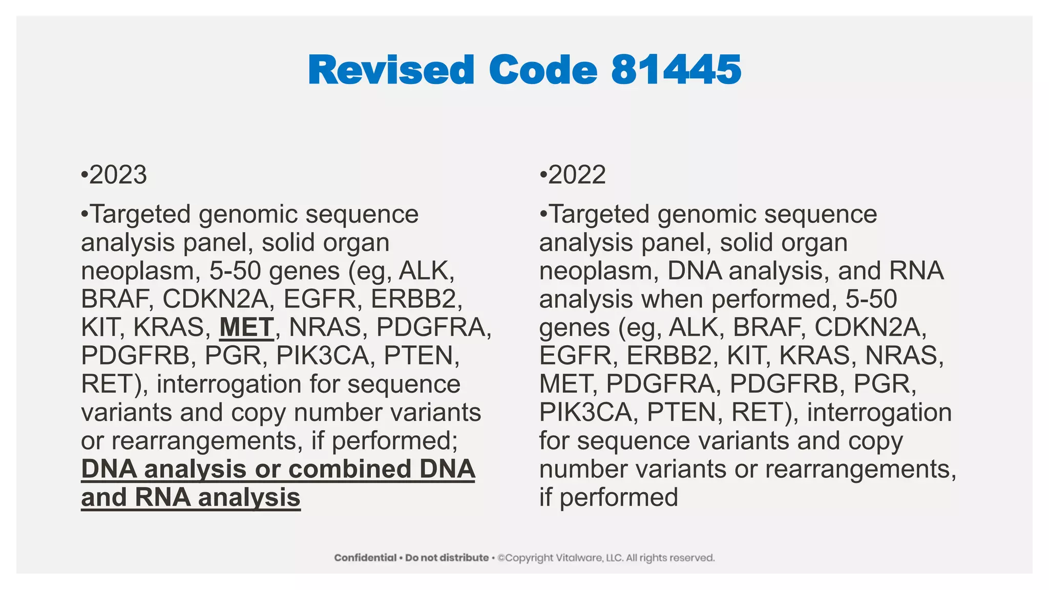 Revised Code 81445
•2023
•Targeted genomic sequence
analysis panel, solid organ
neoplasm, 5-50 genes (eg, ALK,
BRAF, CDKN2A, EGFR, ERBB2,
KIT, KRAS, MET, NRAS, PDGFRA,
PDGFRB, PGR, PIK3CA, PTEN,
RET), interrogation for sequence
variants and copy number variants
or rearrangements, if performed;
DNA analysis or combined DNA
and RNA analysis
•2022
•Targeted genomic sequence
analysis panel, solid organ
neoplasm, DNA analysis, and RNA
analysis when performed, 5-50
genes (eg, ALK, BRAF, CDKN2A,
EGFR, ERBB2, KIT, KRAS, NRAS,
MET, PDGFRA, PDGFRB, PGR,
PIK3CA, PTEN, RET), interrogation
for sequence variants and copy
number variants or rearrangements,
if performed
 