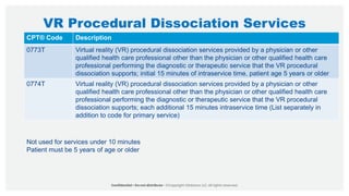 VR Procedural Dissociation Services
CPT® Code Description
0773T Virtual reality (VR) procedural dissociation services provided by a physician or other
qualified health care professional other than the physician or other qualified health care
professional performing the diagnostic or therapeutic service that the VR procedural
dissociation supports; initial 15 minutes of intraservice time, patient age 5 years or older
0774T Virtual reality (VR) procedural dissociation services provided by a physician or other
qualified health care professional other than the physician or other qualified health care
professional performing the diagnostic or therapeutic service that the VR procedural
dissociation supports; each additional 15 minutes intraservice time (List separately in
addition to code for primary service)
Not used for services under 10 minutes
Patient must be 5 years of age or older
 
