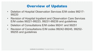 Overview of Updates
• Deletion of Hospital Observation Services E/M codes 99217-
99220
• Revision of Hospital Inpatient and Observation Care Services
E/M codes 99221-99223, 99231-99239 and guidelines
• Deletion of Consultations E/M codes 99241 and 99251
• Revision of Consultations E/M codes 99242-99245, 99252-
99255 and guidelines
 