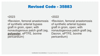 Revised Code - 35883
•2023
•Revision, femoral anastomosis
of synthetic arterial bypass
graft in groin, open; with
nonautogenous patch graft (eg,
polyester, ePTFE, bovine
pericardium)
•2022
•Revision, femoral anastomosis
of synthetic arterial bypass
graft in groin, open; with
nonautogenous patch graft (eg,
Dacron, ePTFE, bovine
pericardium)
 