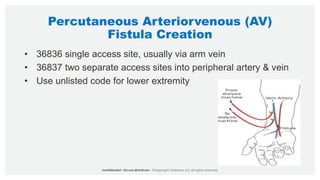 Percutaneous Arteriorvenous (AV)
Fistula Creation
• 36836 single access site, usually via arm vein
• 36837 two separate access sites into peripheral artery & vein
• Use unlisted code for lower extremity
 