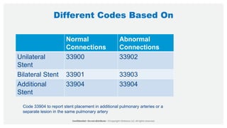 Different Codes Based On
Normal
Connections
Abnormal
Connections
Unilateral
Stent
33900 33902
Bilateral Stent 33901 33903
Additional
Stent
33904 33904
Code 33904 to report stent placement in additional pulmonary arteries or a
separate lesion in the same pulmonary artery
 