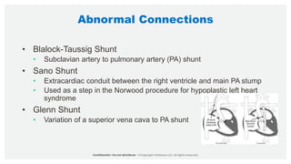 Abnormal Connections
• Blalock-Taussig Shunt
• Subclavian artery to pulmonary artery (PA) shunt
• Sano Shunt
• Extracardiac conduit between the right ventricle and main PA stump
• Used as a step in the Norwood procedure for hypoplastic left heart
syndrome
• Glenn Shunt
• Variation of a superior vena cava to PA shunt
 