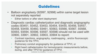 Guidelines
• Balloon angioplasty (92997, 92998) within same target lesion
not separately reported
• Either before or after stent deployment
• Diagnostic cardiac catheterization and diagnostic angiography
codes (93451, 93452, 93453, 93454, 93455, 93456, 93457,
93458, 93459, 93460, 93461, 93563, 93566, 93567, 93568,
93593, 93594, 93596, 93597, 93598) should not be used with
33900, 33901, 33902, 33903, 33904 to report:
• Contrast injections, angiography, roadmapping , and/or fluoroscopic
guidance for the TPVI,
• Pulmonary conduit angiography for guidance of TPVI, or
• Right heart catheterization for hemodynamic measurements before,
during, and after TPVI for guidance of TPVI.
 